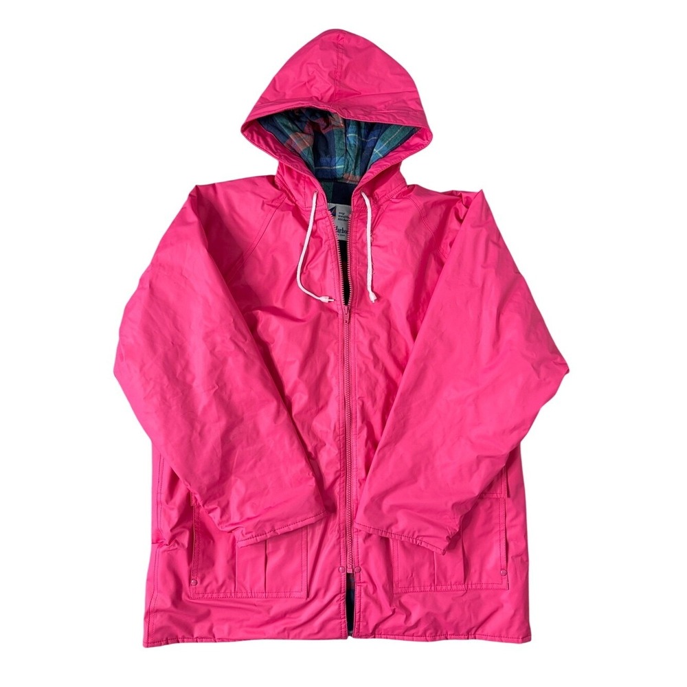 Vintage Misty Harbor Pink Hooded Rain Jacket Plaid Lined PVC Rain Slicker Size M